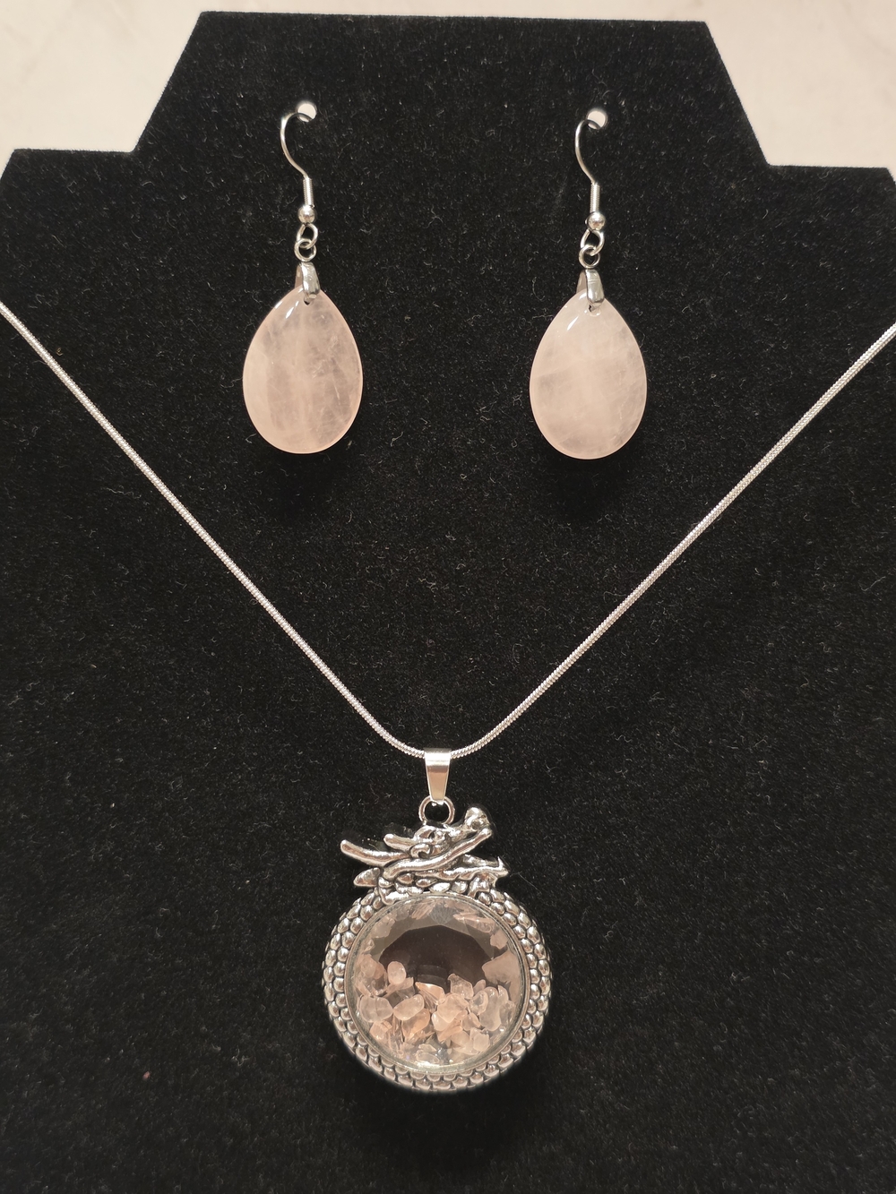 Rose Quartz Teardrop Earrings and Dragon Locket Necklace Set